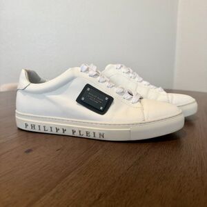 Philipp Plein White Leather Low Top Sneakers Skull Plaque Logo Men's Size 9